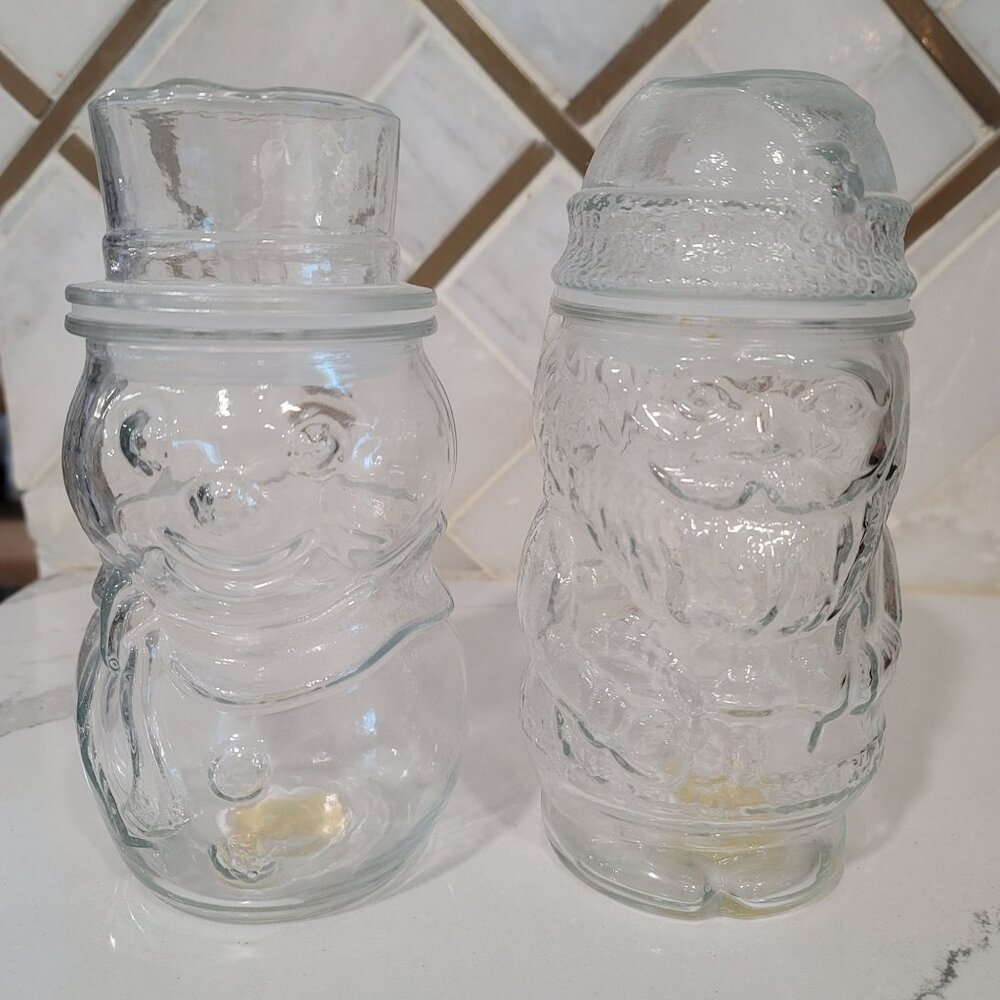 Vintage Libbey Santa Claus & Snowman Cookie Candy Glass Jar With Lids Holiday